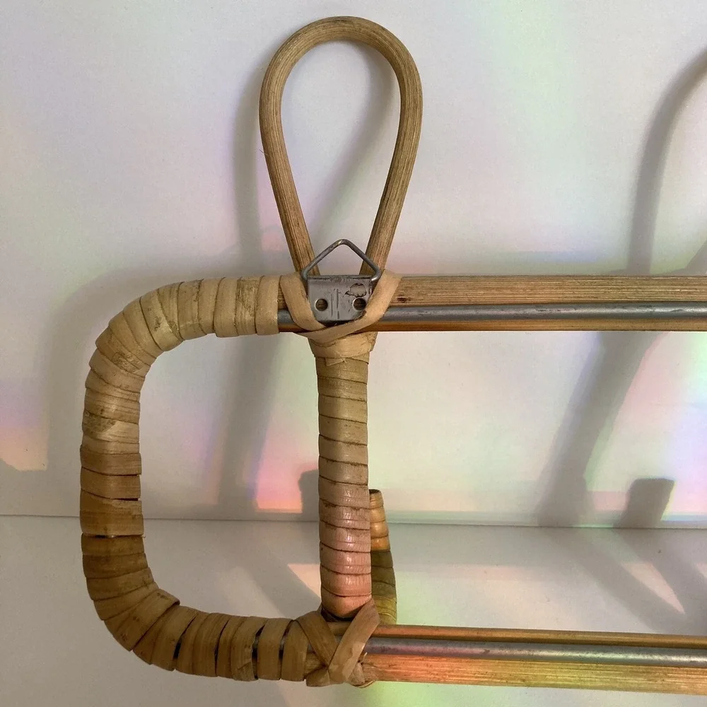 Vintage Rattan Bamboo 3 Hook Coat Rack Hanger Wall Mount 14.5
